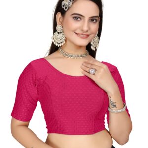 HeeFee Women's Round Neck Dobby Cotton Stretchable Half Sleeve Readymade Saree Blouse