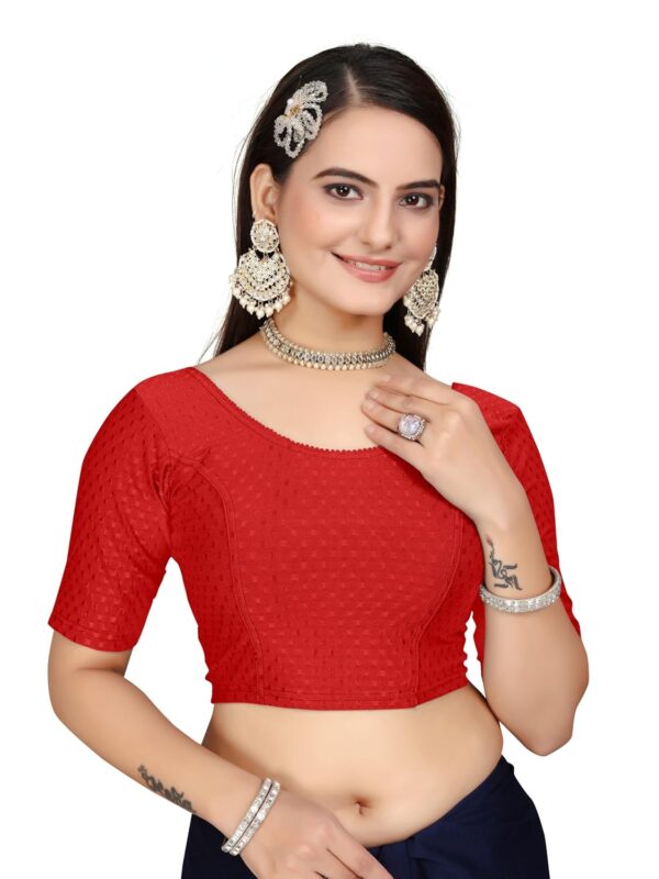HeeFee Women's Round Neck Dobby Cotton Stretchable Half Sleeve Readymade Saree Blouse