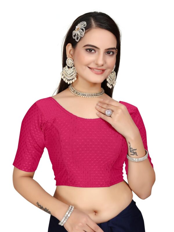 HeeFee Women's Round Neck Dobby Cotton Stretchable Half Sleeve Readymade Saree Blouse