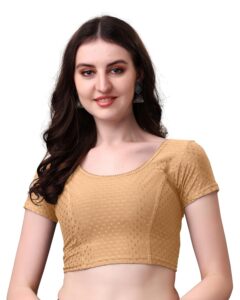 HeeFee Women's Round Neck Dobby Cotton Stretchable Short Sleeve Readymade Saree Blouse