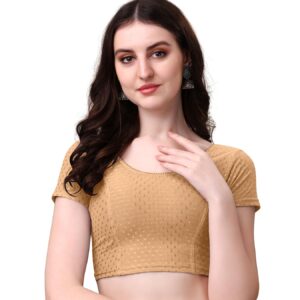 HeeFee Women's Round Neck Dobby Cotton Stretchable Short Sleeve Readymade Saree Blouse