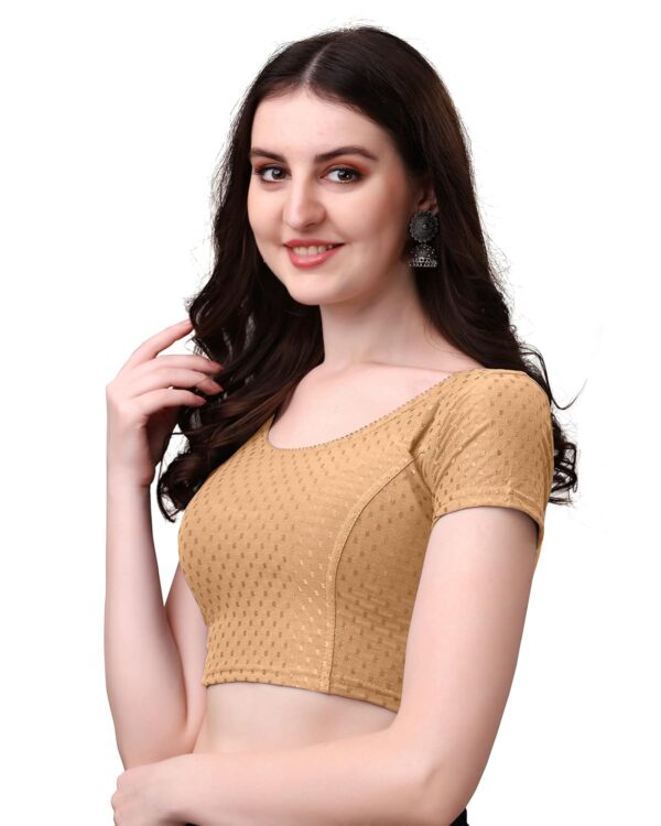 HeeFee Women's Round Neck Dobby Cotton Stretchable Short Sleeve Readymade Saree Blouse