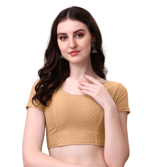 HeeFee Women's Round Neck Dobby Cotton Stretchable Short Sleeve Readymade Saree Blouse
