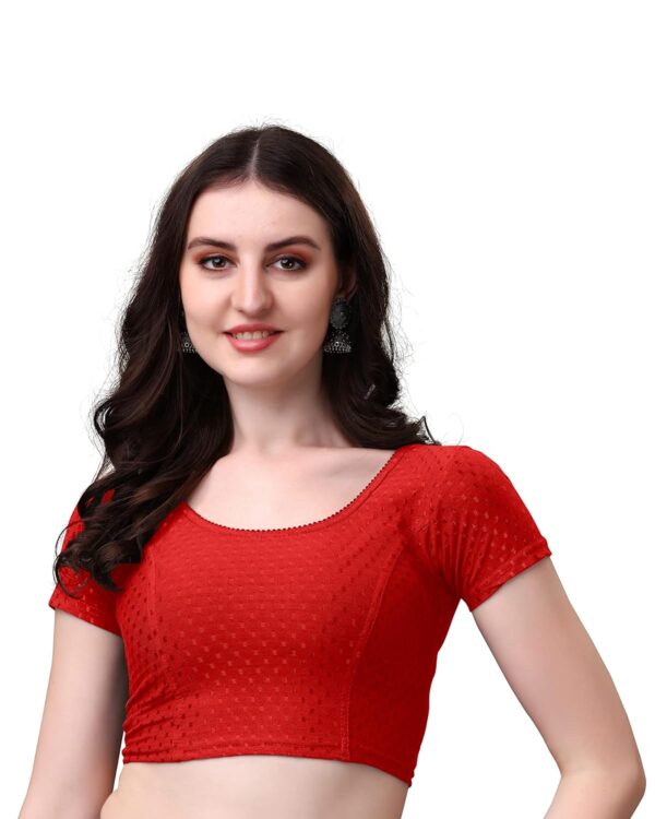 HeeFee Women's Round Neck Dobby Cotton Stretchable Short Sleeve Readymade Saree Blouse