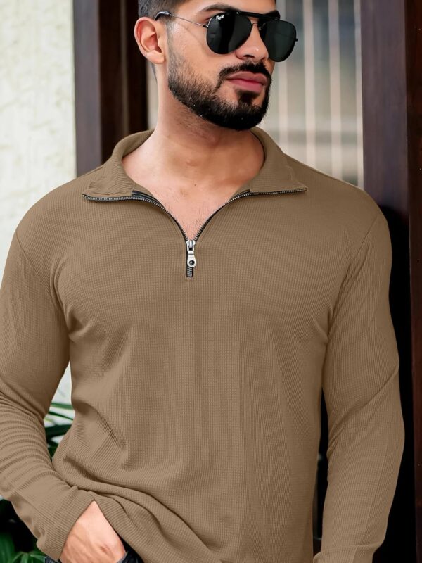 KAJARU Men's Polyester Blend T Shirt with Spread Collar Neck Line Zipper Closure Full Sleeves Solid Pattern Regular Fit and Standard Length