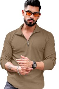 KAJARU Men's Polyester Blend T Shirt with Spread Collar Neck Line Zipper Closure Full Sleeves Solid Pattern Regular Fit and Standard Length