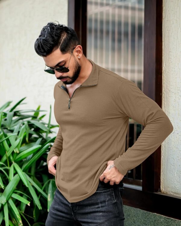 KAJARU Men's Polyester Blend T Shirt with Spread Collar Neck Line Zipper Closure Full Sleeves Solid Pattern Regular Fit and Standard Length