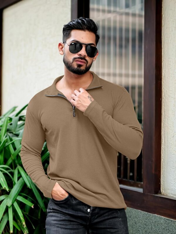 KAJARU Men's Polyester Blend T Shirt with Spread Collar Neck Line Zipper Closure Full Sleeves Solid Pattern Regular Fit and Standard Length