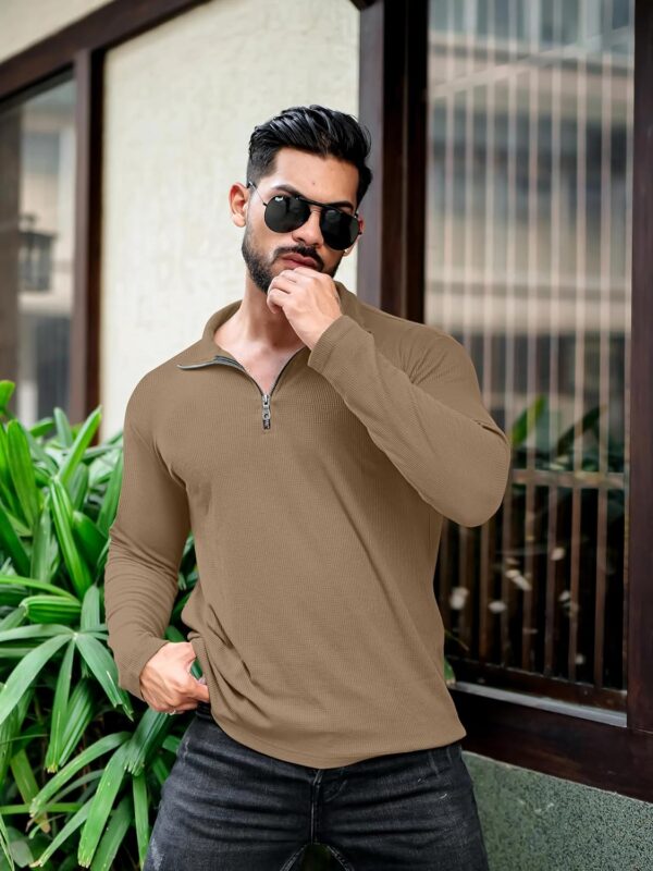 KAJARU Men's Polyester Blend T Shirt with Spread Collar Neck Line Zipper Closure Full Sleeves Solid Pattern Regular Fit and Standard Length
