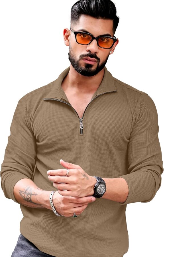 KAJARU Men's Polyester Blend T Shirt with Spread Collar Neck Line Zipper Closure Full Sleeves Solid Pattern Regular Fit and Standard Length