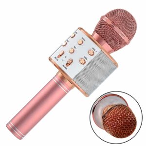Kids Advance Handheld Wireless Singing Mike Multi-Function Bluetooth Karaoke Mic with Microphone Speaker for All Smart Phones (Rose Gold)