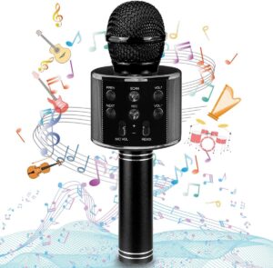 Kids Advance Handheld Wireless Singing Mike Multi-Function Bluetooth Karaoke Mic with Microphone Speaker for All Smart Phones (Black)