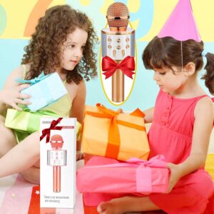Kids Advance Handheld Wireless Singing Mike Multi-Function Bluetooth Karaoke Mic with Microphone Speaker for All Smart Phones (Rose Gold)