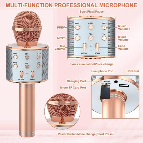 Kids Advance Handheld Wireless Singing Mike Multi-Function Bluetooth Karaoke Mic with Microphone Speaker for All Smart Phones (Rose Gold)