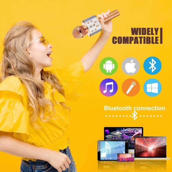 Kids Advance Handheld Wireless Singing Mike Multi-Function Bluetooth Karaoke Mic with Microphone Speaker for All Smart Phones (Rose Gold)