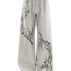 LEGASUS Aesthetic Gothic Wide Leg Pants for Men | Tribal Print Baggy Streetwear | Oversized Track Pants with Elastic Waist | Black and White Relaxed Fit Bottoms