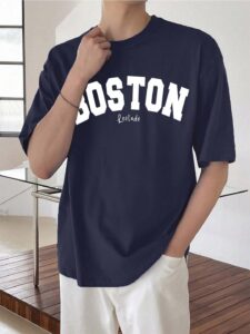 LEOTUDE Cottonblend Graphic Print Round Neck Half Sleeve Drop Shoulder Oversized Thirt for Man (Color Navy Blue)