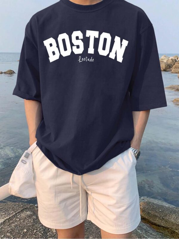 LEOTUDE Cottonblend Graphic Print Round Neck Half Sleeve Drop Shoulder Oversized Thirt for Man (Color Navy Blue)