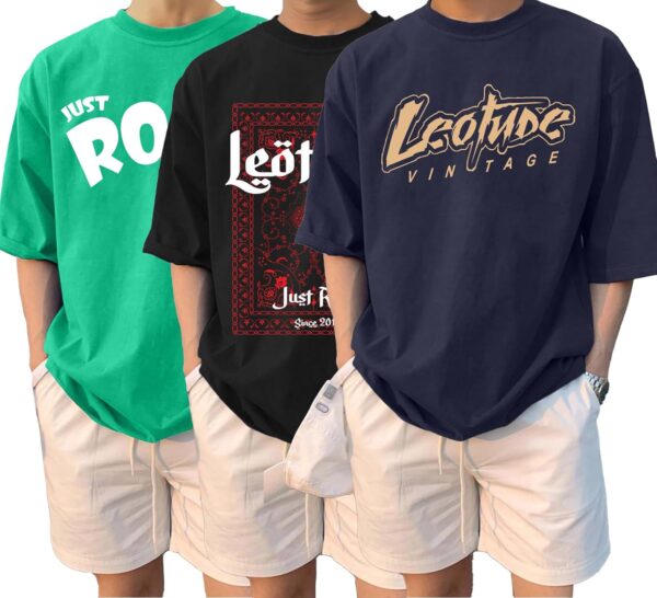 LEOTUDE Cottonblend Graphic Print Round Neck Half Sleeve Drop Shoulder Oversized Thirt for Man (Color Navy Blue)