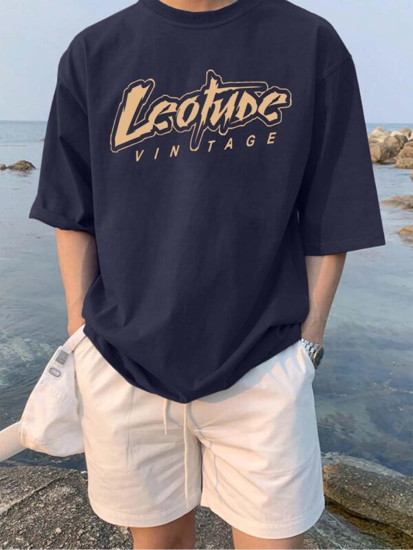 LEOTUDE Cottonblend Graphic Print Round Neck Half Sleeve Drop Shoulder Oversized Thirt for Man (Color Navy Blue)
