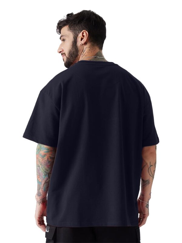 LEOTUDE Cottonblend Graphic Print Round Neck Half Sleeve Drop Shoulder Oversized Thirt for Man (Color Navy Blue)