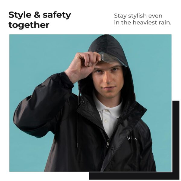 Lifelong Men's Polyester Waterproof Standard Length Raincoat Double layered Reversible Rain Suit With Hood & Inner Mobile Pocket, Set Of Top And Bottom-(L, Black)