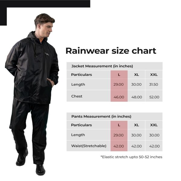 Lifelong Men's Polyester Waterproof Standard Length Raincoat Double layered Reversible Rain Suit With Hood & Inner Mobile Pocket, Set Of Top And Bottom-(L, Black)
