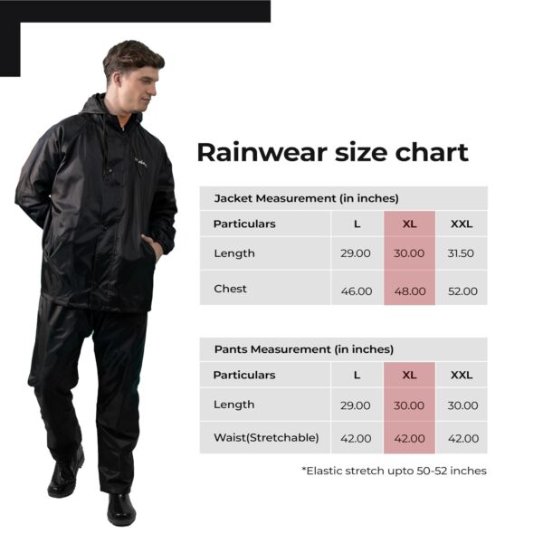 Lifelong Men's Polyester Waterproof Standard Length Raincoat Double layered Reversible Rain Suit With Hood & Inner Mobile Pocket, Set Of Top And Bottom-(L, Black)