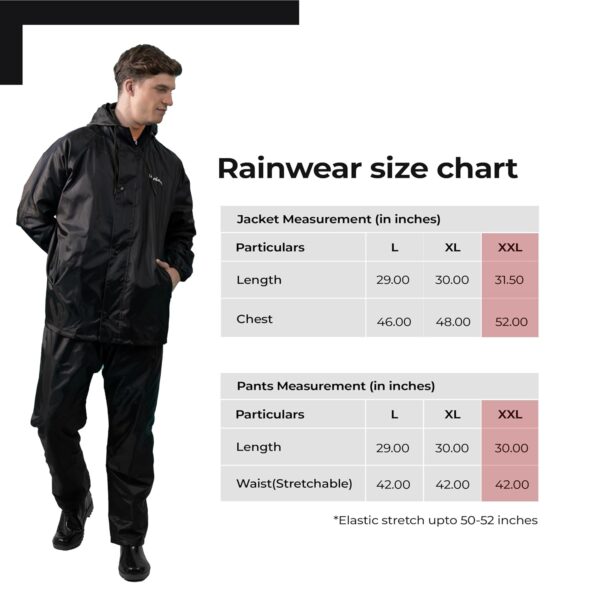 Lifelong Men's Polyester Waterproof Standard Length Raincoat Double layered Reversible Rain Suit With Hood & Inner Mobile Pocket, Set Of Top And Bottom-(L, Black)