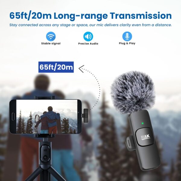 MAK Wireless Mic With Fur Windscreen, Noise Reduction Mic, Wireless Microphone for Youtubers, Vlogging, Recording, Compatible with Android/iOS/PC (Black, Single Mic)