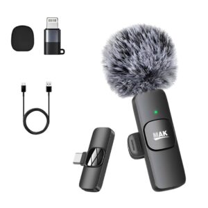 MAK Wireless Mic With Fur Windscreen, Noise Reduction Mic, Wireless Microphone for Youtubers, Vlogging, Recording, Compatible with Android/iOS/PC (Black, Single Mic)