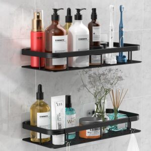 Misamo Enterprise Bathroom Wall Shelf Organiser, 30 cm, Adhesive Mount Storage Rack with Installation Kit (Shelf-Black, Pack of 2)