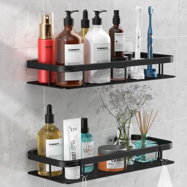 Misamo Enterprise Bathroom Wall Shelf Organiser, 30 cm, Adhesive Mount Storage Rack with Installation Kit (Shelf-Black, Pack of 2)