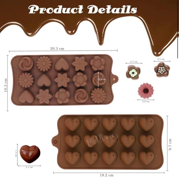 MoldBerry Silicone Chocolate Moulds Set of 2 | Heart & Flower Shape Candy Molds for Chocolate, Jelly, Gummies | Flexible, Non-Stick, Reusable Baking Trays | Mini Silicone Molds...