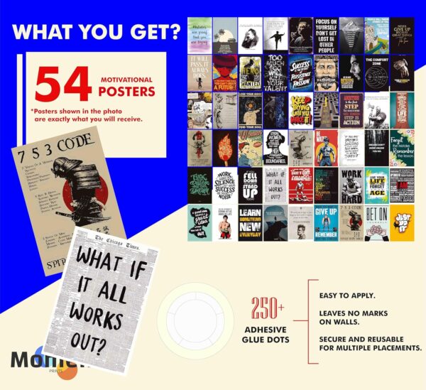 Moment Prints Set of 54 Motivational Inspirational Wall Collage Kit Posters - 4x6 Inches, 300 GSM Matte Finish, Double-Side Tape, Cardstock Included - Perfect for Office, Gym,...