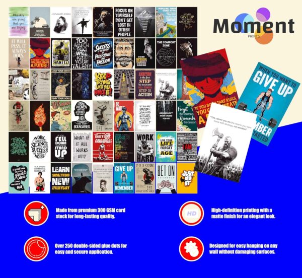 Moment Prints Set of 54 Motivational Inspirational Wall Collage Kit Posters - 4x6 Inches, 300 GSM Matte Finish, Double-Side Tape, Cardstock Included - Perfect for Office, Gym,...