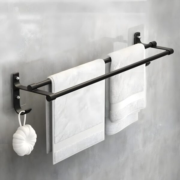 MorivaHomes Self-Adhesive Wall Mounted Aluminium Double Rod Towel Bar with Hook Bathroom Towel Holder/Bathroom Accessories (50CM)(Black, Pack of 1)