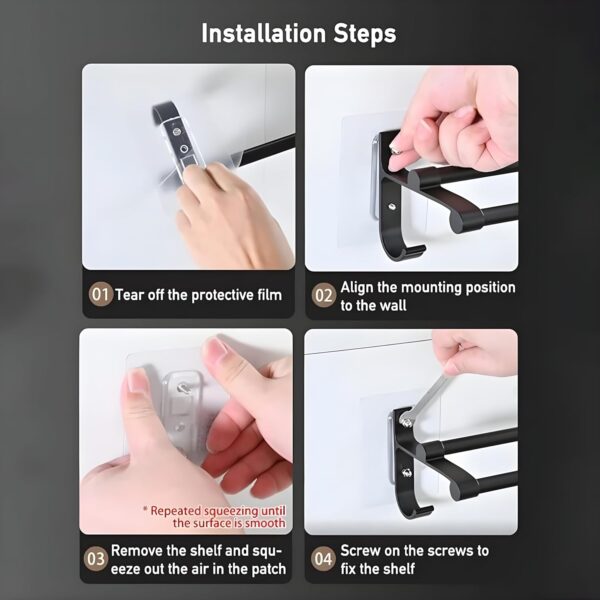 MorivaHomes Self-Adhesive Wall Mounted Aluminium Double Rod Towel Bar with Hook Bathroom Towel Holder/Bathroom Accessories (50CM)(Black, Pack of 1)
