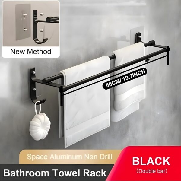 MorivaHomes Self-Adhesive Wall Mounted Aluminium Double Rod Towel Bar with Hook Bathroom Towel Holder/Bathroom Accessories (50CM)(Black, Pack of 1)