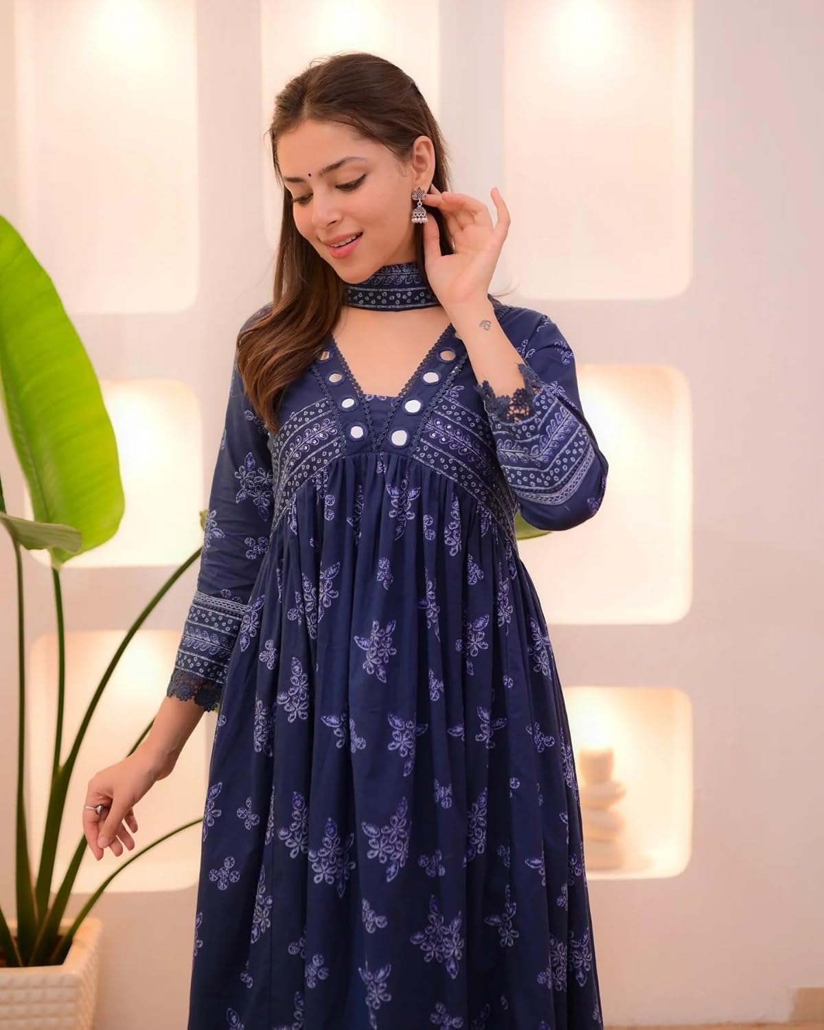Nermosa Women Printed Anarkali Kurta and Pant Set with Dupatta