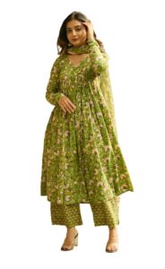 Nermosa Women Printed Anarkali Kurta and Pant Set with Dupatta