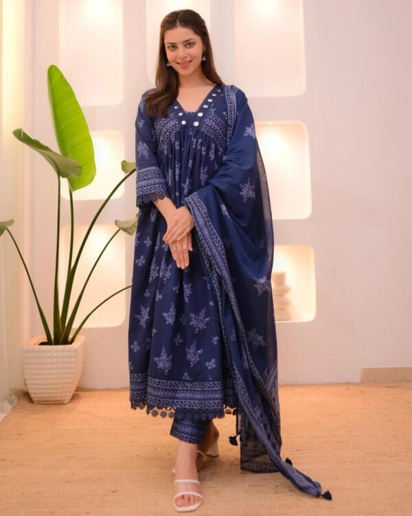 Nermosa Women Printed Anarkali Kurta and Pant Set with Dupatta