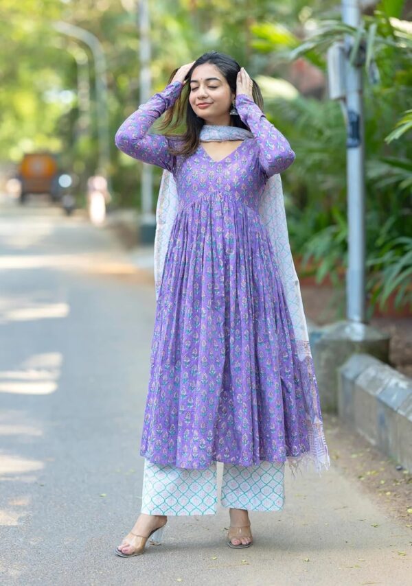 Nermosa Women Printed Anarkali Kurta and Pant Set with Dupatta