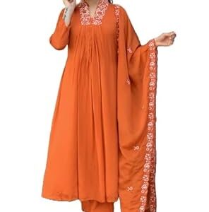 Nermosa Women Solid Embroidery Kurta and Pant Set with Dupatta