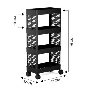 OPTIFINE Metal Black 4-Tier Rolling Storage Cart with Wheels, Portable Utility Organizer Trolley for Kitchen, Bathroom, Office, Salon (KITCHEN RACK 4 TIRE)