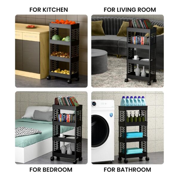 OPTIFINE Metal Black 4-Tier Rolling Storage Cart with Wheels, Portable Utility Organizer Trolley for Kitchen, Bathroom, Office, Salon (KITCHEN RACK 4 TIRE)