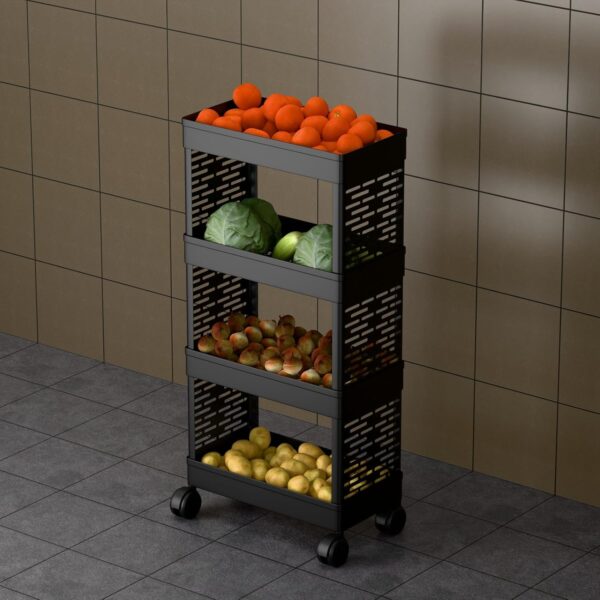 OPTIFINE Metal Black 4-Tier Rolling Storage Cart with Wheels, Portable Utility Organizer Trolley for Kitchen, Bathroom, Office, Salon (KITCHEN RACK 4 TIRE)