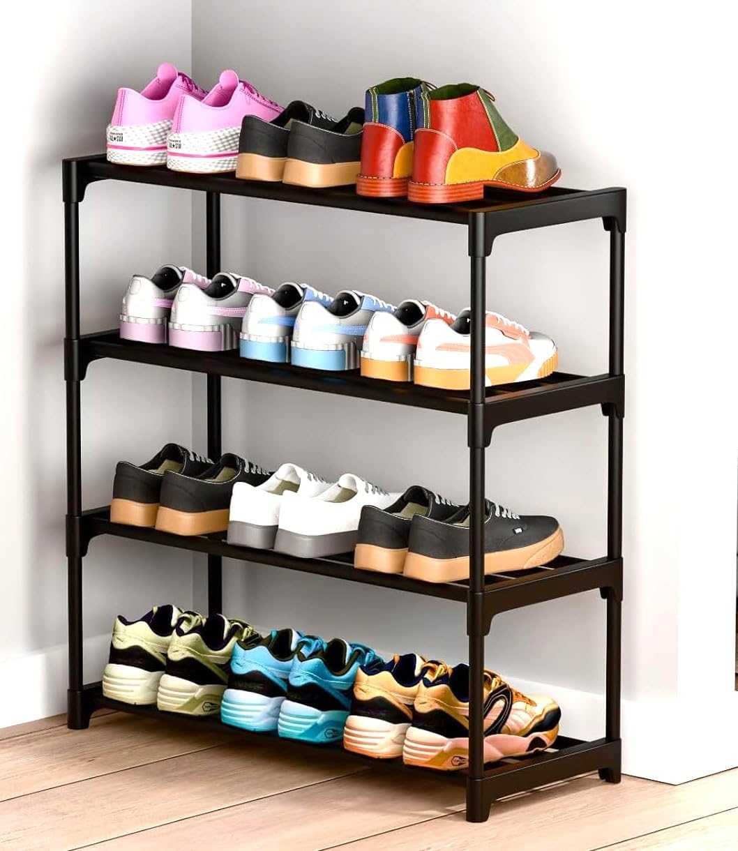 OPTIFINE Shoe Rack 4 Tier Shoe Rack With Shelf, Folding Shoerack For Bedroom, Living Room, Entryway, White, Footwear Stand For Home, Shoerack Plastic With Only 4 LAYER