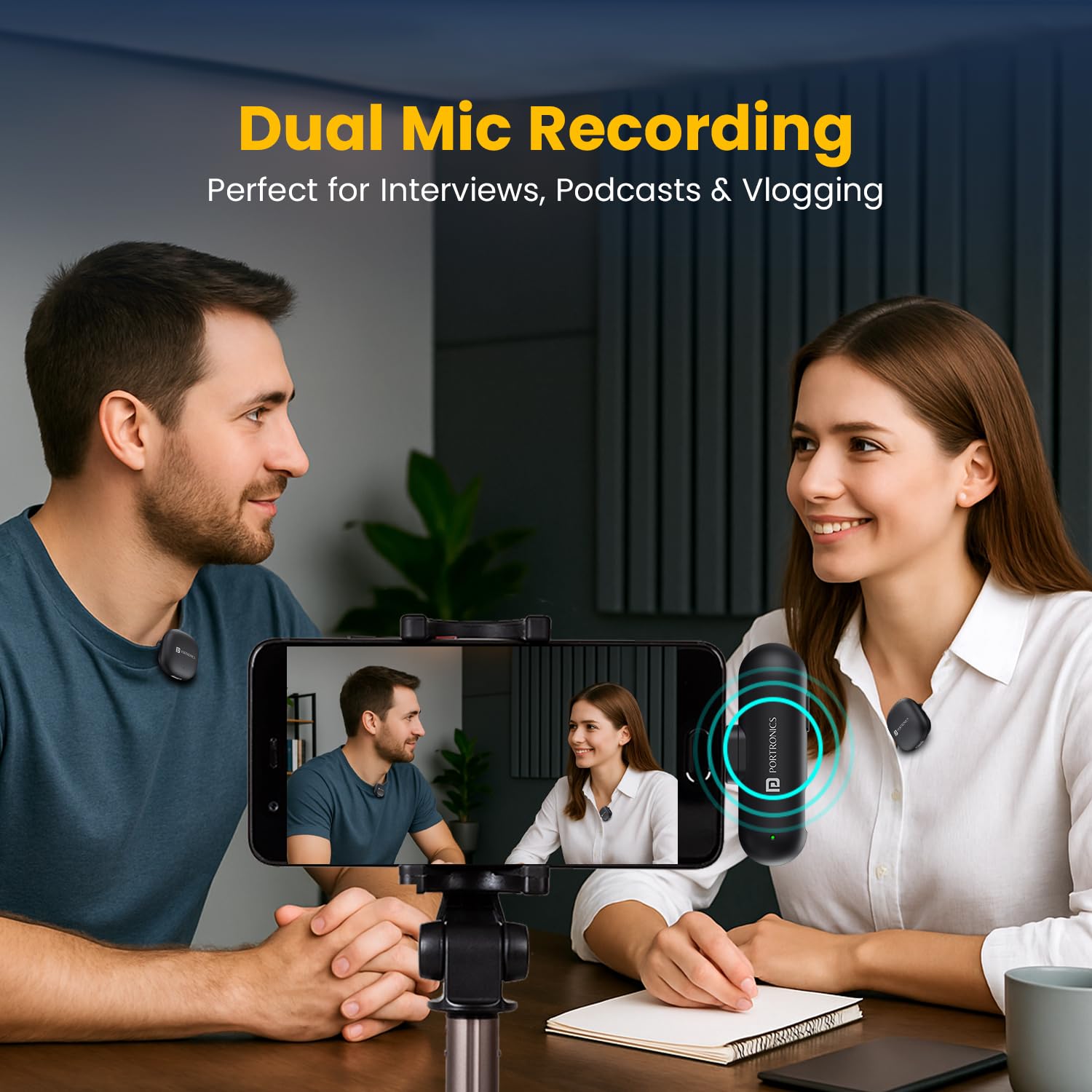 Portronics Vlogmate One India First Ai Powered Wireless Microphone with Noise Reduction, Lapel Mic with Charging Case, Type C Wireless Mic for Video Recording, YouTube Video,...