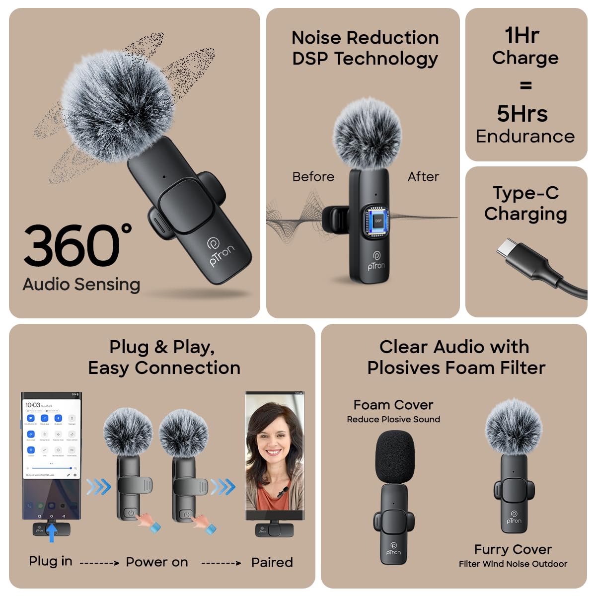 pTron KWM-1 Omnidirectional Type C Wireless Microphone w/DSP Noise Cancellation, Plug & Play, 25m Wireless Range, Lapel Wireless Collar Mic for Video Recording, Supports Type C...